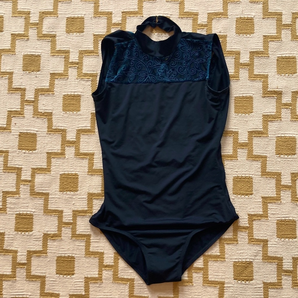 Size L Natalie leotard black and teal velvet